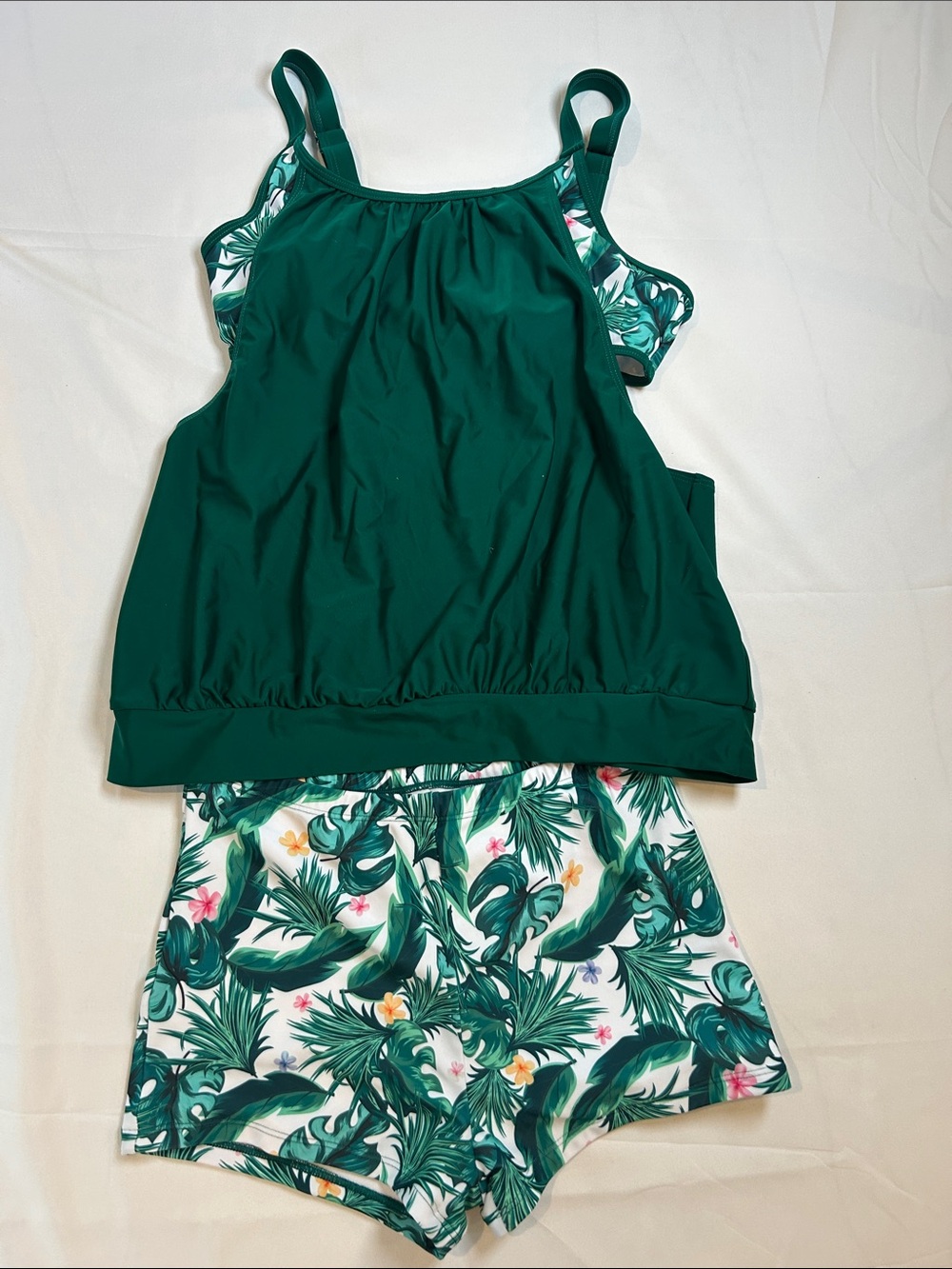 Green Tankini Set with Tropical Print Shorts